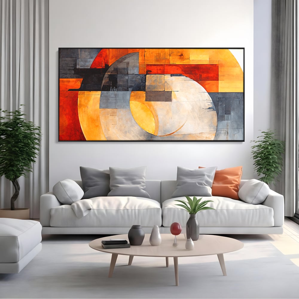 Tablou canvas cu tablou canvas cu compozitie geometrica abstracta, in rama de aluminiu negru, pe perete intr-un living